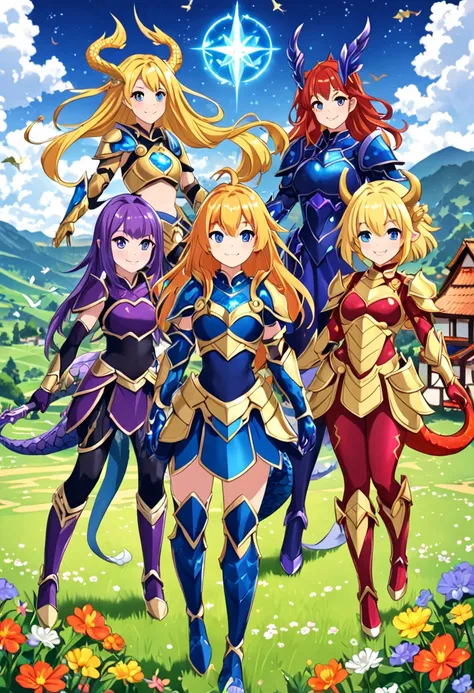 Character: 3 dragon girls, different hairstyles and hair colour, smiling, serious, joyful, closed mouth, fullscale, first dragon girl with light element wears golden armor, second dragon girl with dark element wears dark blue armor, third dragon girl with ...