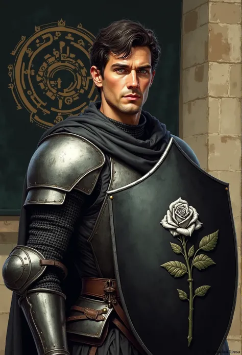 A realistic medieval fantasy portrait of a knight. He has dark hair and green eyes. He is handsome and clean-shaven. He is 35 years. He wears a quilted doublet of black and silver colored wool and some armor. He wears a black shield, upon the shield an ima...