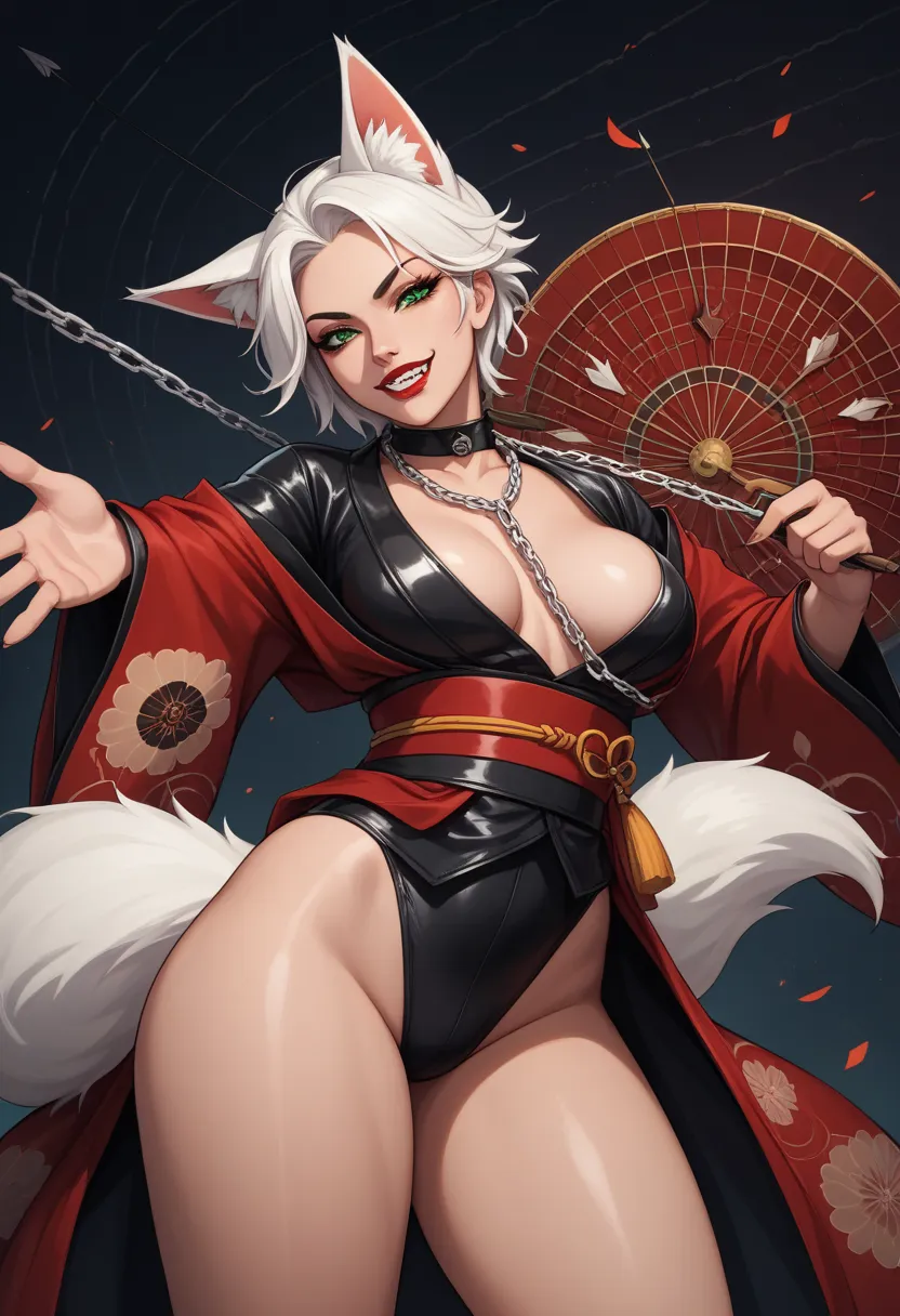 surreal, 1 girl is very beautiful, solo, bright green eyes, plump red lips, smirk, fangs, sharp teeth, fox woman anthrap Yumiko, fox ear, down on the ear, fox tail, extra tail, leather tight underwear, deep neckline, sexy breasts, white hair, red eyeliner,...