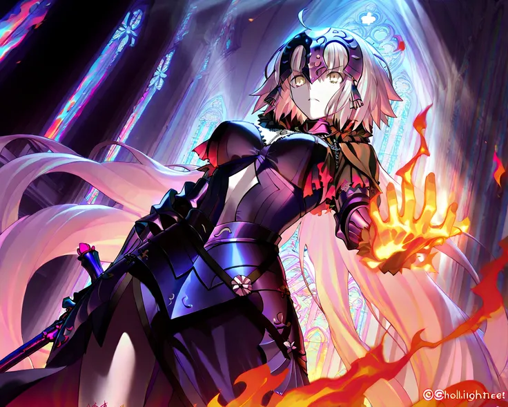 {{{{{jeanne d'arc alter (fate), fate/grand order}}}}}, masterpiece, best quality, ultra-detailed, extremely detailed, beautiful, extremely detailed CG 8k wallpaper, ultra detailed background, bloom effect, holylight, light rays, strong light coming in, dee...