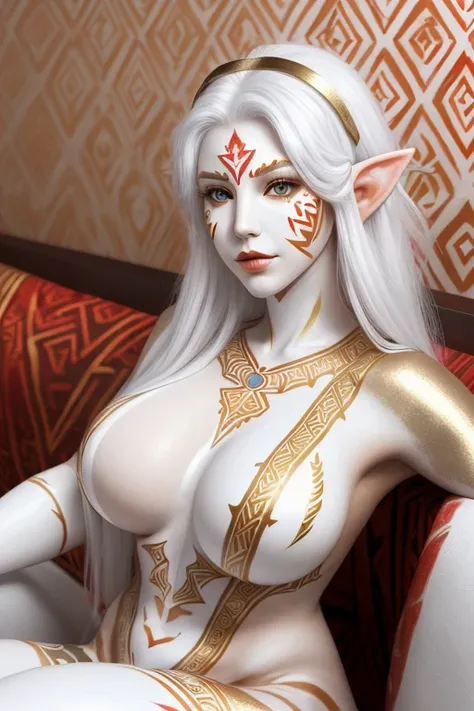 ( Hi-Res), Elf, (White body paint for the whole body and face :1.3), (red and gold tribal pattern body paint:1.3), Silver hair straight, Asymmetric pattern , ( full body image), (  big breasts), ( sitting on a couch), ( simple background )