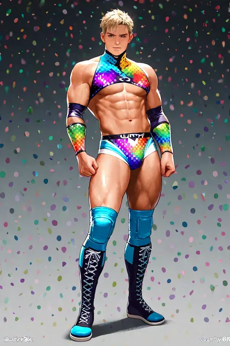 Perverted and creepy male wrestler,Holding a female professional wrestler's rainbow patterned high leg costume,((((masterpiece)))), (( unity 8k wallpaper, photorealistic,(( detailed face )), ((nsfw)),