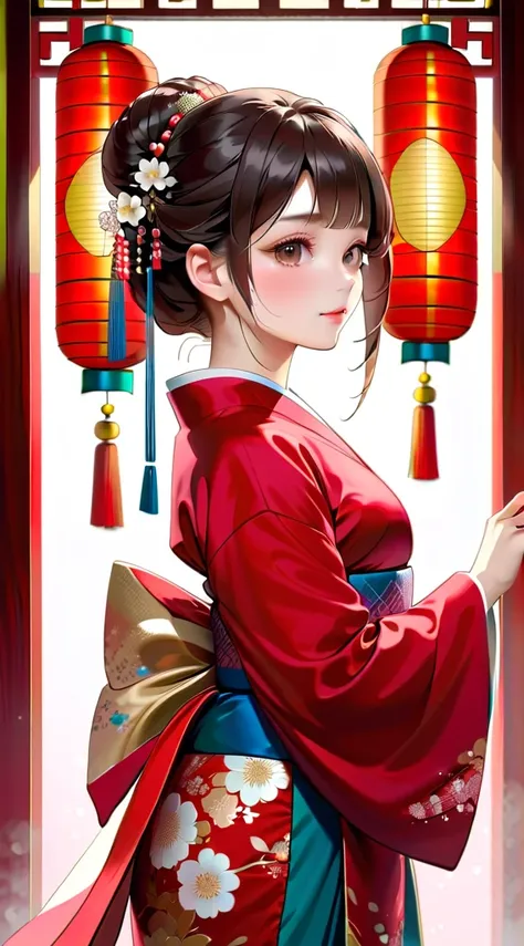 Kimono Girl，Girl in Hanfu， back to back ，( masterpiece:1.2),  top quality, ( Illustration of :1.2), ( ultra high resolution), super detailed info , (Delicate and detailed), ( complicated details), (  cinematic light  , The best backlight), Clear lines , fr...