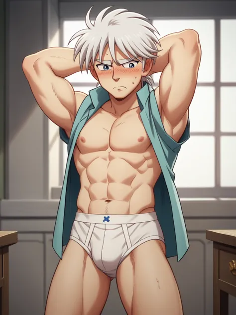 Solo, High Resolution, Masterpiece, ashamed, embarrassed, Morning class room, 20 years old, young adult slender and mascular man in his white briefs. Classic briefs.fly front Tighty whities, Six pack muscle,  he is ashamed of himself. He is perplexed by th...