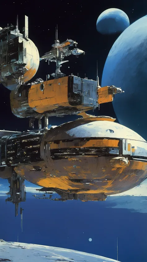 Masterpiece, highest quality, very detailed, absolute resolution, high resolution, highest quality, 8K, John Harris and syd mead Style - space station in Lunar space, A concept of John Berkey huge space ships in the distance