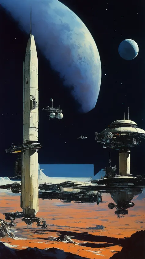 Masterpiece, highest quality, very detailed, absolute resolution, high resolution, highest quality, 8K, John Harris and syd mead Style - space station in Lunar space, A concept of John Berkey huge space ships in the distance