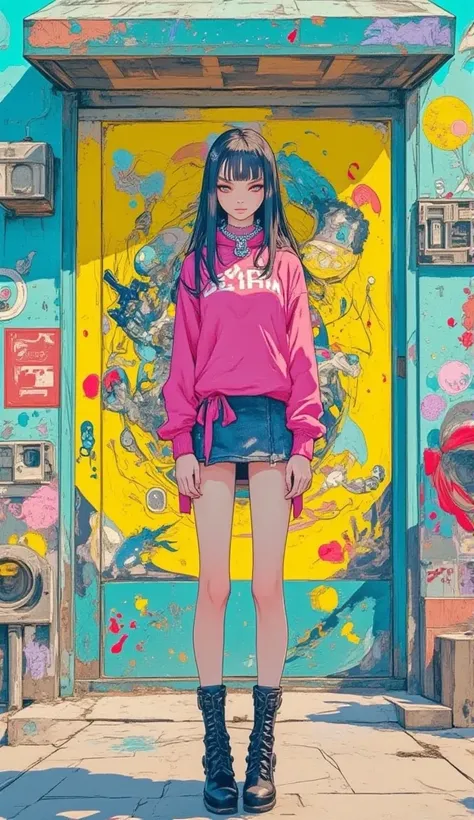 8k,  masterpiece,  top quality,  beautiful Korean woman ,  lively, Colourful hair dye ,  A woman in a dress , bright pink hoodie , Graffiti Background,  urban street art ,  yellow abstract design ,  teal walls,  silver chain necklace, like々Nice style ,  co...