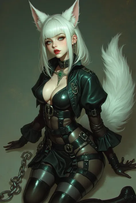 surreal, 1 girl is very beautiful, solo, bright green eyes, plump red lips, smirk, fangs, sharp teeth, fox woman anthrap Yumiko, fox ear, down on the ear, fox tail, extra tail, leather tight underwear, deep neckline, sexy breasts, white hair, red eyeliner,...