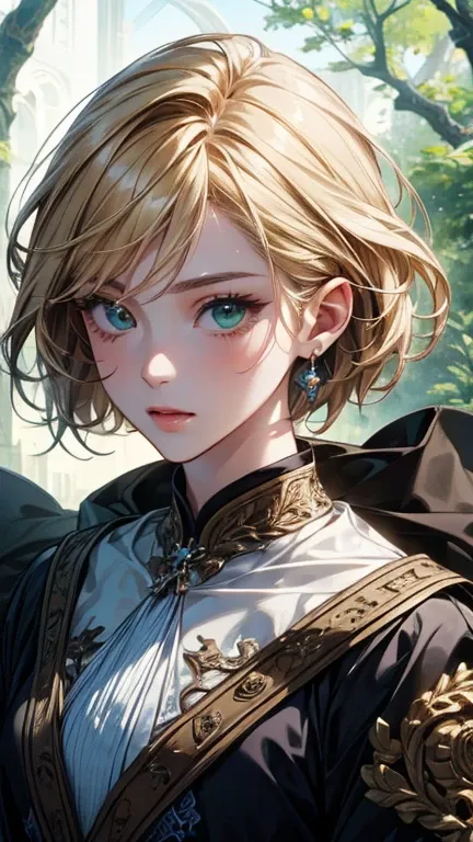  High Quality 、 Detailed Details、 pretty face、（whole body）、 girl、Blonde and brunette、green iris、 short hair、Magic Warrior、 fantasy world、HDR