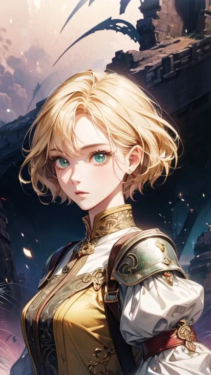  High Quality 、 Detailed Details、 pretty face、（whole body）、 girl、Blonde and brunette、green iris、 short hair、Magic Warrior、 fantasy world、HDR