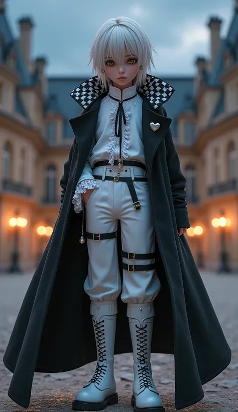 3D anime style, BJD style,  boy, white blond hair, yellow eyes, cold expression, silver pendant earrings, long to the chest, white long-sleeved shirt with French ruffles, black ribbon at the collar, white porous neck collar, white belt with heart pattern, ...