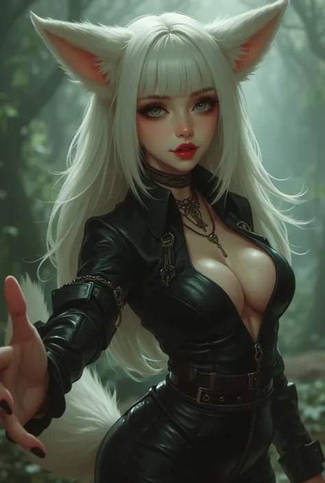 surreal, 1 girl is very beautiful, solo, bright green eyes, plump red lips, smirk, fangs, sharp teeth, fox woman anthrap Yumiko, fox ear, down on the ear, fox tail, extra tail, leather tight underwear, deep neckline, sexy breasts, white hair, red eyeliner,...