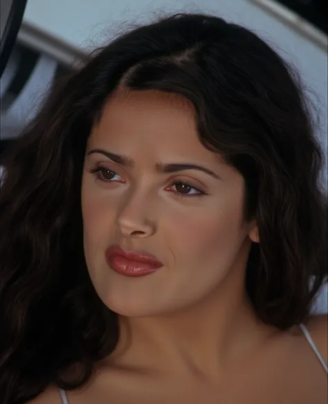 young happy flamboyant in her spaceship, subtle grain, cinematic quality, professional portrait of salma hayek, dress, makeup, black hair, fine art photography, film still, movie scene, outdoors, smile, gorgeous latina goddess salma, on futuristic spaceshi...