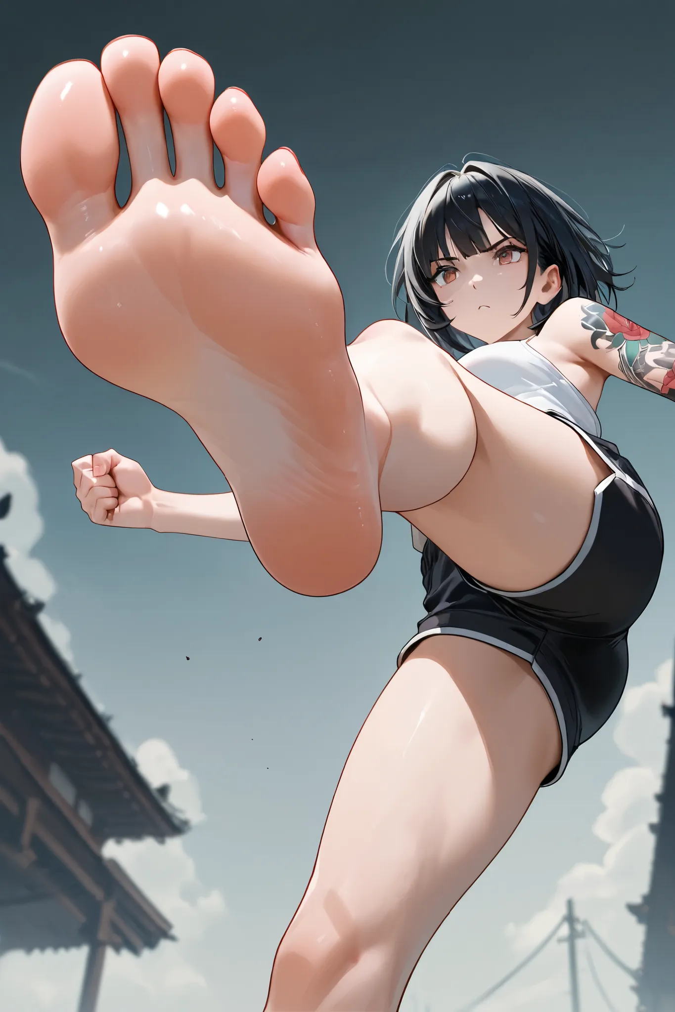 1girl, foot_focus, feet, soles, barefoot, solo, shorts, toes, foreshortening, kicking, black_hair, arm_tattoo, tattoo, standing_on_one_leg