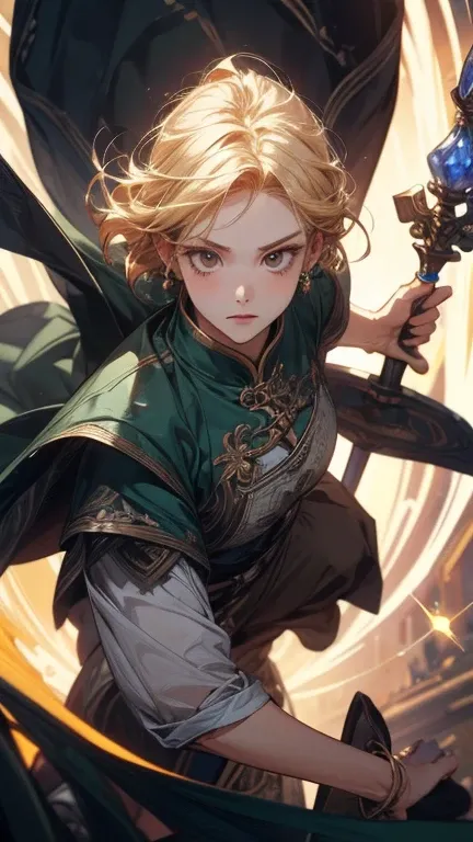 (  is ridiculous,  Hi-Res,  super precision ,  masterpiece,  top quality),  full body,  Dutch Angle,　 High Quality 、 Detailed Details、 pretty face、（whole body）、 girl、Blonde and brunette、green iris、 short hair、Magic Warrior、 fantasy world、HDR