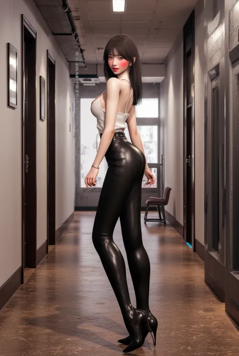 1 Girl，Alone，Full body shot，close up， in the hallway，Looking back，Smile，Silky，Leather pants， comic split lens