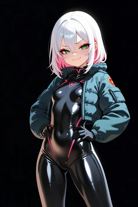 1 girl, smug, mesugaki, {{{{{secret two-tone hair}}}}}, pink hair, white hair, medium hair, hair between eyes, green eyes, thick thights, shiny skin, black pilot suit, puffer jacket, tactical cloth, black bodysuit, flat breasts, eyelashes, red eyeshadow, m...