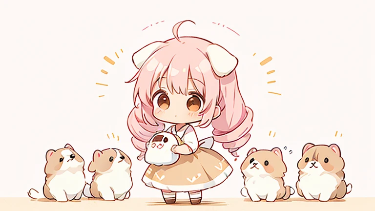  CUTE DESIGN ,  The most beautiful girl I've ever seen 、 chibi, deformed　 plain background　 1 girl, drill twin tail,  light pink hair　Droopy white dog ears ,  chibiキャラ　The vertical roll floats fluffy　cute white and brown dress　Put a brown ribbon on your ha...