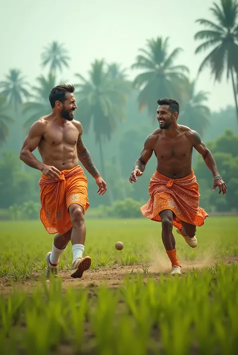 Lionel messi cristiano ronaldo playing cricket in paddy field in kerala wearing lungi and baniyan