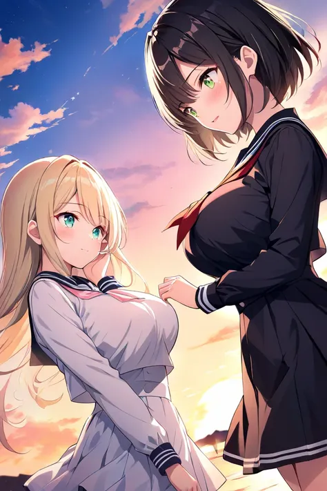  2 girls fighting back、 staring at each other、Deep Kiss、頬redらめ、（ long hair、 blond hair、Big Breasts、 green eyes）、 high angle、（ black hair、Aqua Eyes、 small tits、Short Hair、）lily、 sunset sky、 hold hands 、 sailor suit（ pale pink）、 miniskirt（red）、 Dutch Angle、 ...