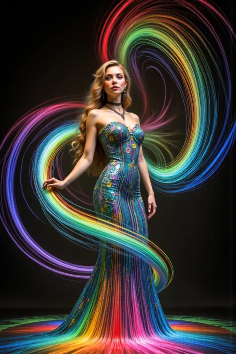 Exaggerate the swirl lines around the woman while infusing lots of vibrant neon and bioluminescent colors into the mermaid gown she wears. Open the bottom of the dress so that the fabric  creates a puddle shape several feet in circumference around her feet...