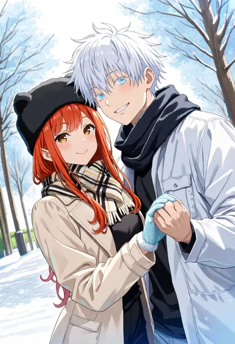 absurdres, highres, ultra detailed, HDR, master piece, Gojou Satoru, A couple, wearing winter hats, scarves, and winter gloves, dressed in white jackets, making the love hand gesture, smiling sweetly, on a sunny day in the park., (((high resolution))), (((...