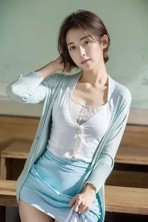 ( top quality,4K,  masterpiece: 1.3),, girl(teacher),22 years old, green eyes, Delicate Eyes, hair(ブロンド,length,(( Loose Side Tail )),( white blouse),(  light blue cardigan), brown tight skirt 