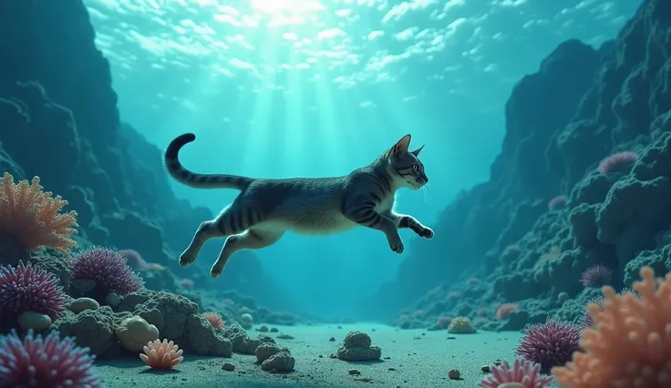 Top quality, (cat swimming underwater) very deep sea bed, deep in the sea. There are many corals and shells. There are mountains in the sea, which together form a dreamy underwater world, very relaxing. The light from above makes people feel very soft, the...