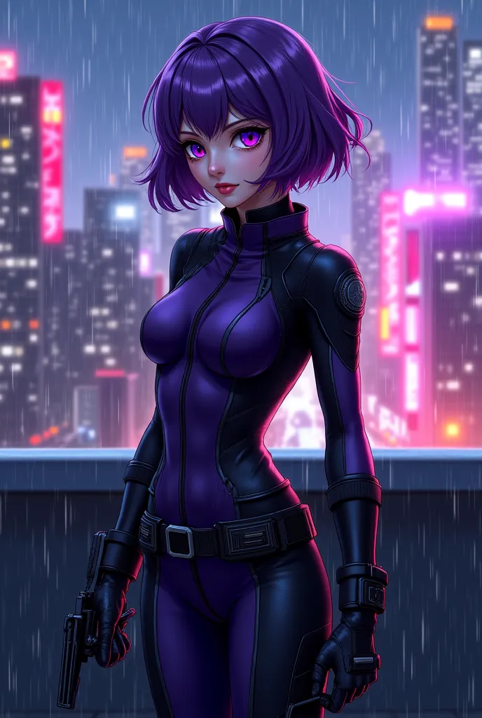 "4K anime style quality, digital drawing mode, a dangerous and skilled ex-assassin with short wavy purple hair, sharp violet eyes filled with cold determination, wearing a form-fitting dark purple and black tactical suit with a high collar, standing on a r...