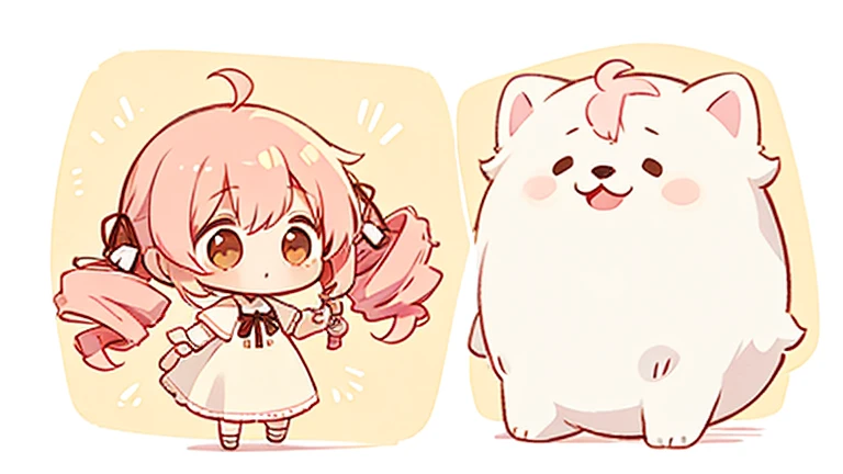  CUTE DESIGN ,  The most beautiful girl I've ever seen 、 chibi, deformed　 plain background　 1 girl, drill twin tail,  light pink hair　Droopy white dog ears ,  chibiキャラ　The vertical roll floats fluffy　cute white and brown dress　Put a brown ribbon on your ha...