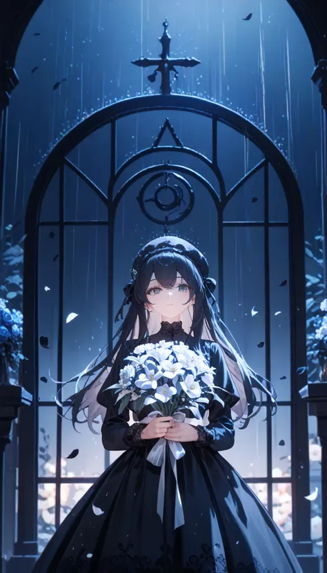  1 girl,, I can't see my face ,black gothic dress,Black Hat,white bouquet,(holding white bouquet), is standing,Front ,( Black petals are flying in large numbers), Rain of Petals , lots of petals ,Countless petals,Petals Flying in the Air ,Art Deco, color f...