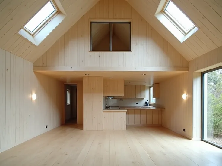 The interior of a small house, with a visible mezzanine covering half the room and a gabled roof. In the background you can see the kitchen and bathroom.
At the back of the room there are two corner walls facing outwards.
On the mezzanine there is a large ...