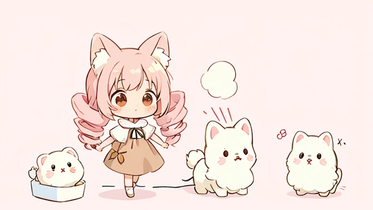  CUTE DESIGN ,  The most beautiful girl I've ever seen 、 chibi, deformed　 plain background　 1 girl, drill twin tail,  light pink hair　Droopy white dog ears ,  chibiキャラ　The vertical roll floats fluffy　cute white and brown dress　Put a brown ribbon on your ha...