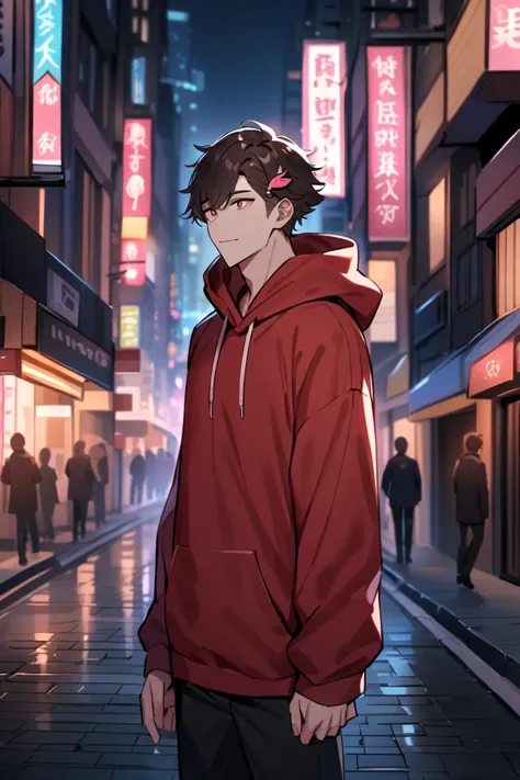 Male with dark brown hair color and pink highlight, use hairpin with fish shape , Shaddy eyes , pink hair colour , handsome face feature , handsome , use an red hoodie , standing on street with night city background 