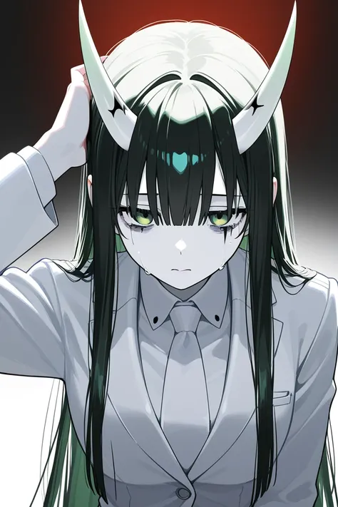 girl.  black straight hair.  green eyes.  very pale white skin . Under the eyes stripe tattoo, as tears . There are white straight horns on the head. Dressed in a spacious white suit.