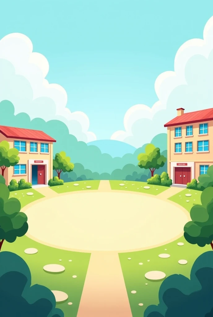 Create a cartoon-style background with a school and a hostel, and a large circular empty space in between them. The space should look like a city playground but not exactly a playground. The empty area is very large and open, surrounded by the school and h...