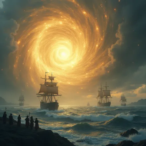 "A mystical and powerful scene of a divine wind (Kamikaze) sweeping across the ocean, destroying Mongol ships before they can reach Japan. The wind is depicted as a golden divine force, swirling through the stormy sky, with glowing energy. In the distance,...