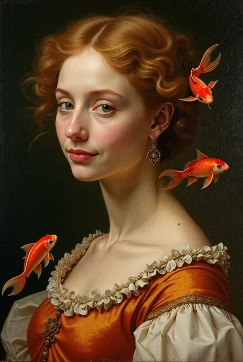 Very beautiful painting in the style of Leonardo da Vinci, femme très gracieuse au visage doux avec un très léger sourire, surrounded by a few goldfish,  Her hair is curly or wavy, c'est un visage similaire à ceux de la Renaissance italienne comme ceux pei...