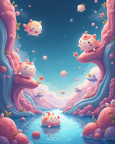 Fantasy

Cute cartoon characters,Waterways in space,   ,Pastel colors, ornamentation ,Sharp