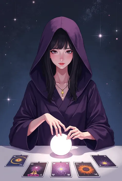 A Japanese woman with tarot cards laid out on a white table, dressed in a dark purple hooded outfit like the thin robe of a Western fortune teller, holding her hand over a spherical crystal, the woman's background in space, the woman's face as neat and bea...