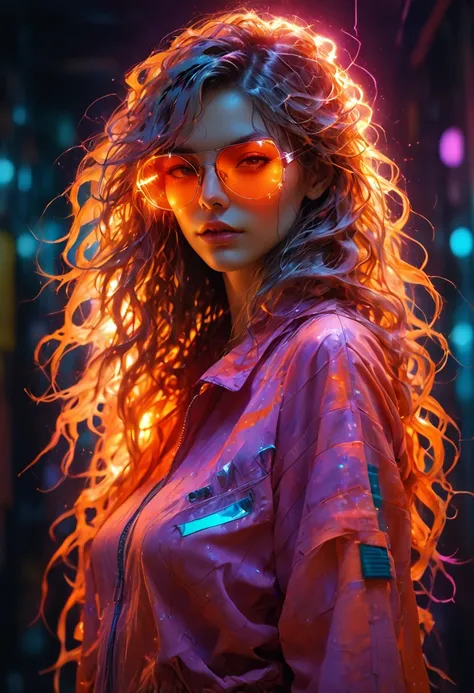 a full body bio limerent woman looking at viewer, Futuristic retro vaporwave, neon woman with long messy wavy hair, wears orange sunglasses, lights densely packed, mimicking the contours and features of a woman's body, bio-luminescent, translucent, cinemat...