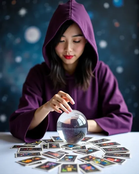 A Japanese woman with tarot cards laid out on a white table, dressed in a dark purple hooded outfit like the thin robe of a Western fortune teller, holding her hand over a spherical crystal, the woman's background in space, the woman's face neat and beauti...