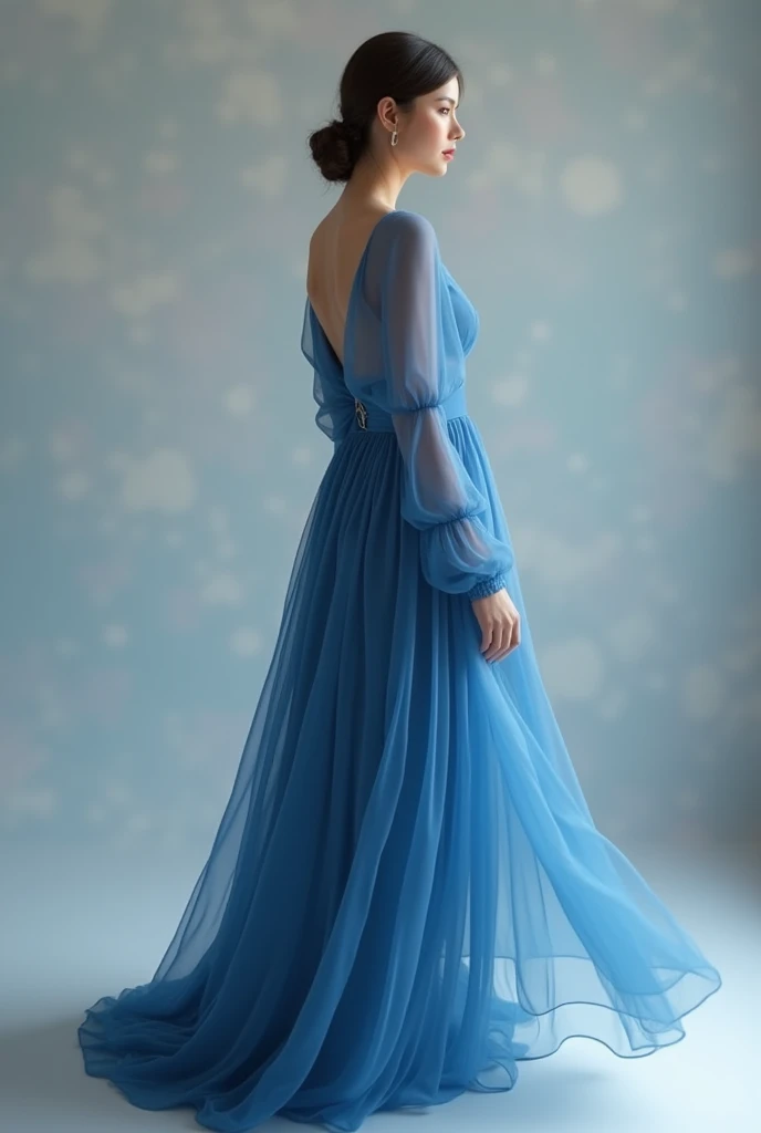 A blue long modest dress with long sleeves in organza material