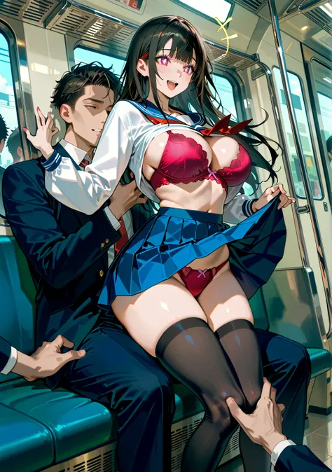  female student、 Mr..々 hairstyle、color々な髪color、 sailor suit 、  very short pleated skirt  、Crowded train、 one woman、 cute woman、Many passengers、 thighs、 undress、 top quality、 Hi-Res、 masterpiece、 Extremely High Quality 、 colorful panties 、 big butt、 big bre...