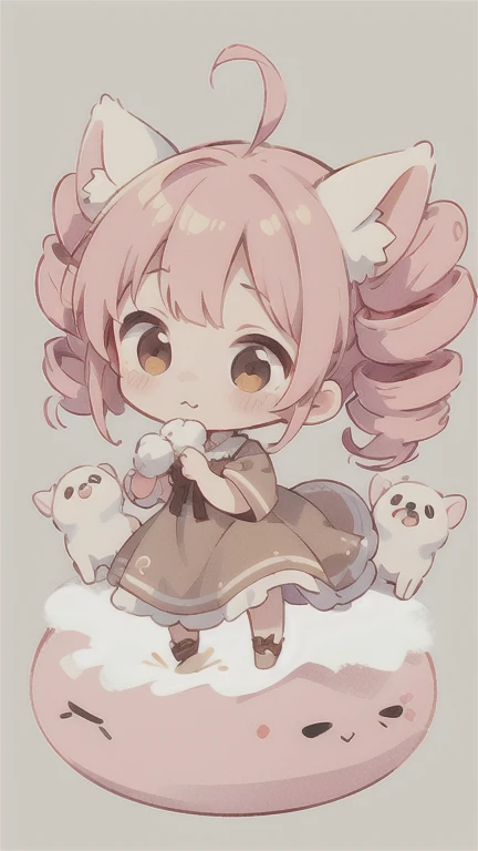  CUTE DESIGN ,  The most beautiful girl I've ever seen 、 chibi, deformed　 plain background　 1 girl, drill twin tail,  light pink hair　Droopy white dog ears ,  chibiキャラ　The vertical roll floats fluffy　cute white and brown dress　Put a brown ribbon on your ha...