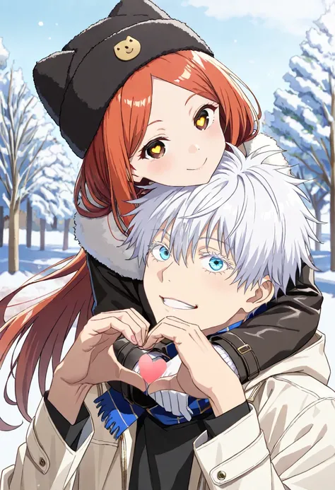 absurdres, highres, ultra detailed, HDR, master piece, Gojou Satoru, A couple, wearing winter hats, scarves, and winter gloves, dressed in white jackets, making the love hand gesture, forming a heart with their hands, smiling sweetly, on a sunny day in the...