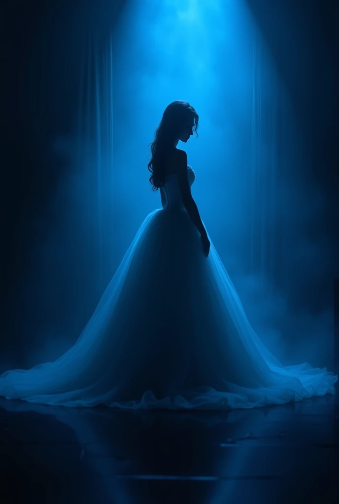 a  silhouette of a beautiful female a wearing a long (any color)Cinderella dress squatting in a dark room with blue lighting