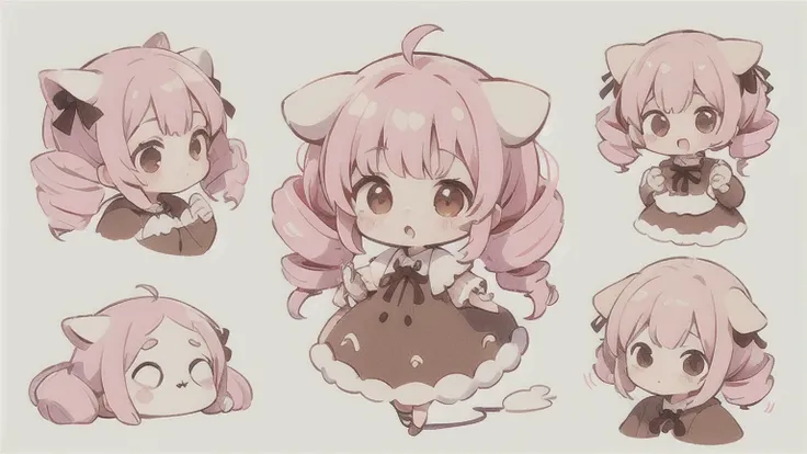  CUTE DESIGN ,  The most beautiful girl I've ever seen 、 chibi, deformed　 plain background　 1 girl, drill twin tail,  light pink hair　Droopy white dog ears ,  chibiキャラ　The vertical roll floats fluffy　cute white and brown dress　Put a brown ribbon on your ha...