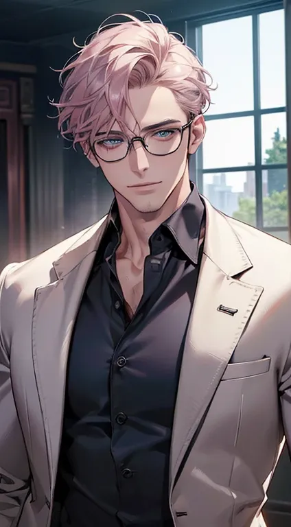 (  better quality,4K,8k, highres, masterpiece:1.2), ultra-detailed,( realistically,photo realistically,photo- realistically:1.37), cinematographic lighting,HDR image, handsome mature man, extremely detailed pretty face,short gray pink hair, blue eyes,beaut...