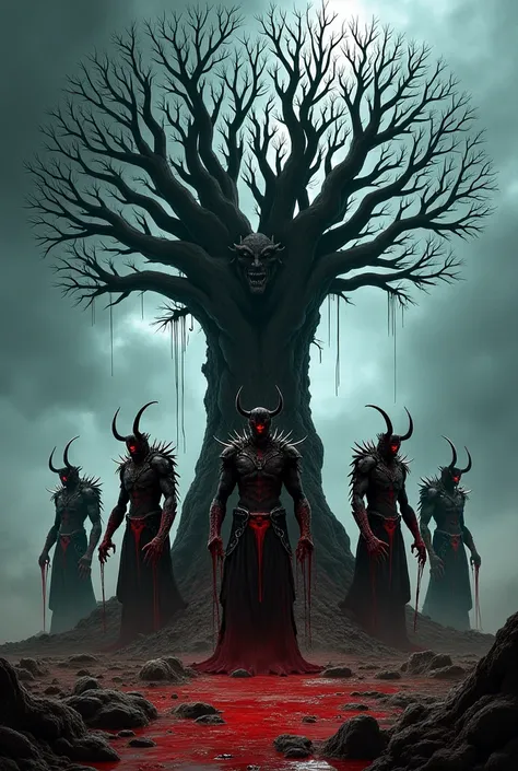 Create a metal style graphic of a dark & gory tree of life with 5 guardians protecting it at night